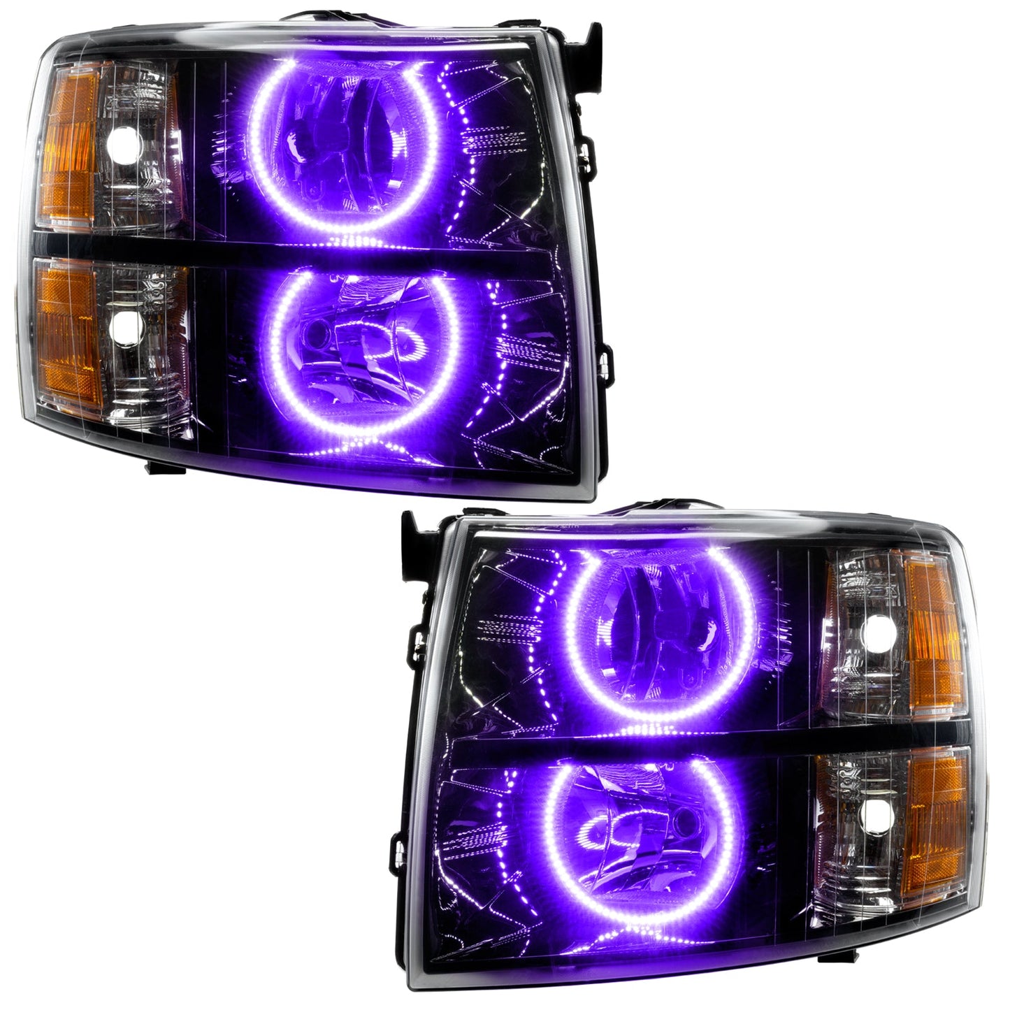 Pre-Assembled LED Halo Headlights with Round Style Halos (Black Housing) <br>07-13 Chevy Silverado