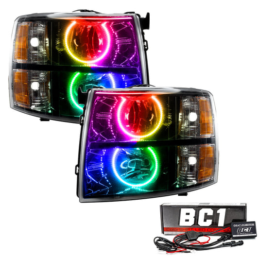 Pre-Assembled LED Halo Headlights with Round Style Halos (Black Housing) <br>07-13 Chevy Silverado