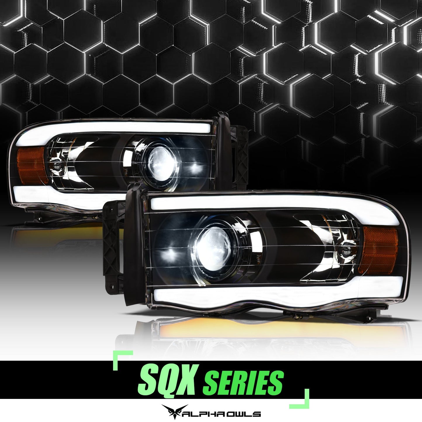 SQX Series LED Sequential Projector Headlights <BR> 02-05 Dodge Ram 1500