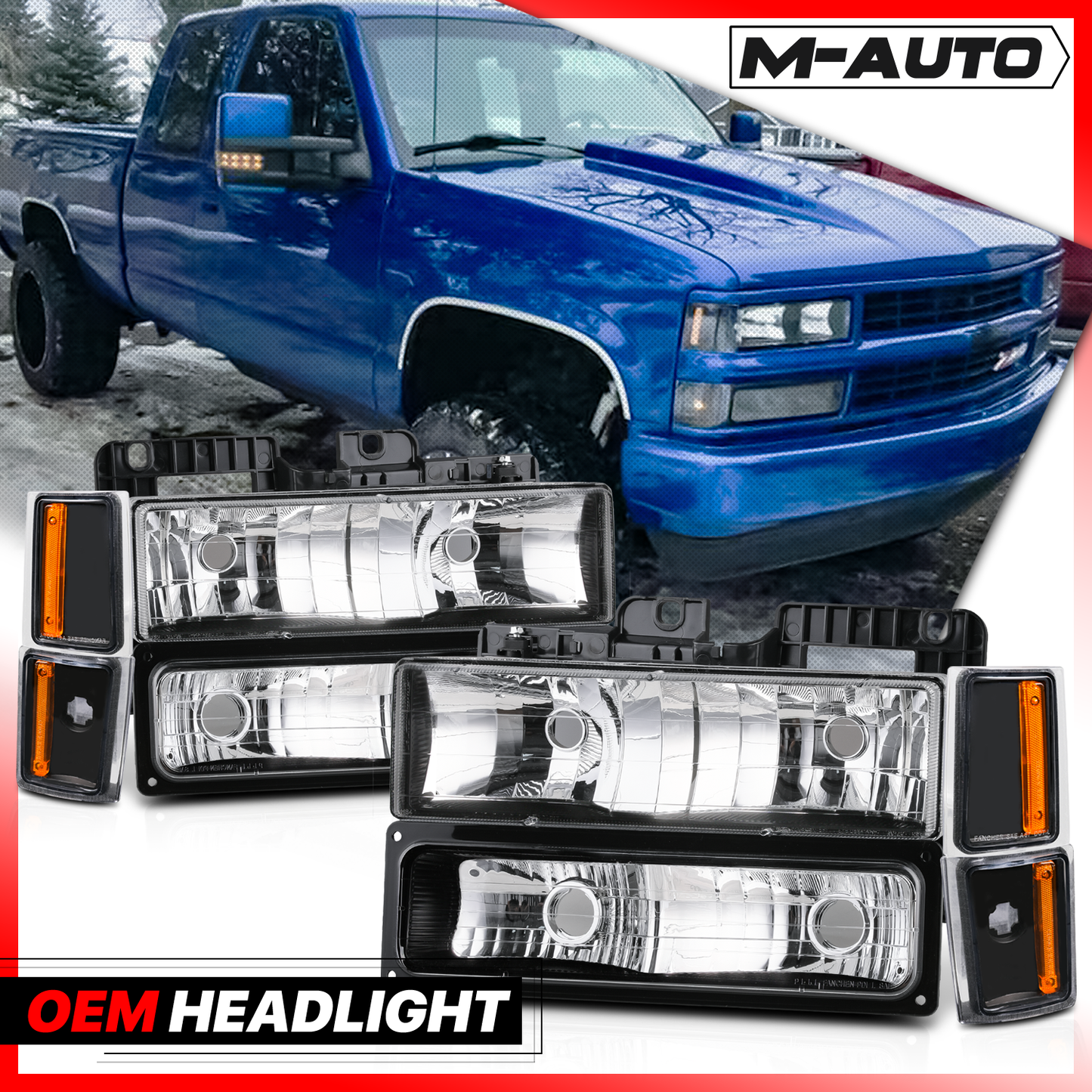 8pcs Headlights+Corner/ Bumper Light (Black)<br>88-93 Chevy C/K C10 Pickup, Suburban