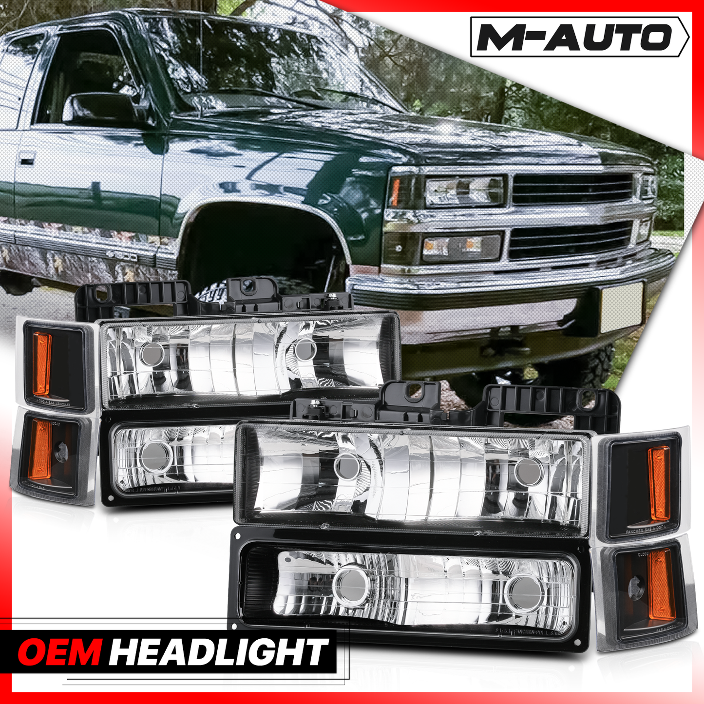 8pcs Headlights+Corner/ Bumper Light (Black)<br>94-00 Chevy C/K C10 Pickup, Suburban