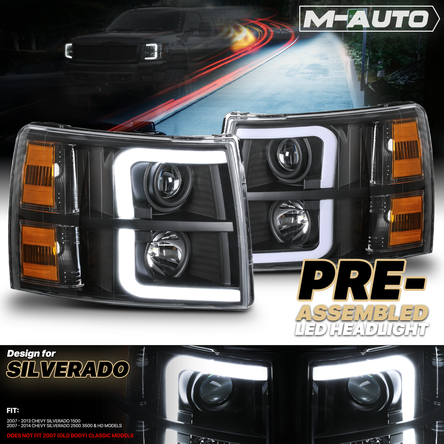 Projector Headlight w/LED DRL, LED Bulbs (Black)<br>07-14 Chevy Silverado