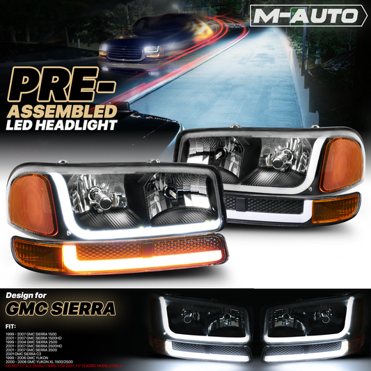 Switchback LED Strip Headlight w/LED Bulbs (Black)<br>99-07 GMC Sierra, Yukon XL