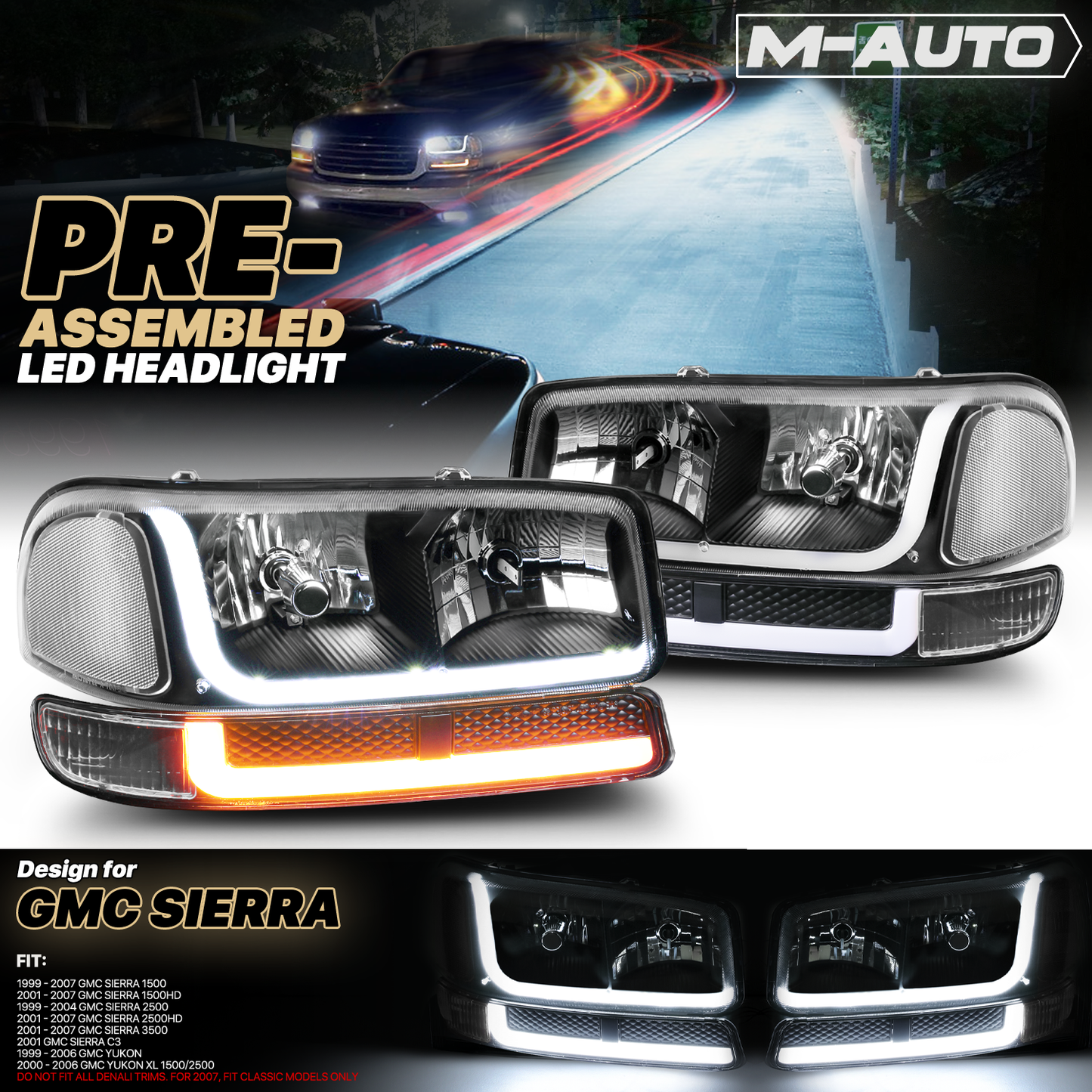 Switchback LED Strip Headlight w/LED Bulbs <br>99-07 GMC Sierra, Yukon XL