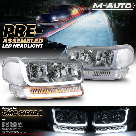 Switchback LED Strip Headlight w/LED Bulbs (Chrome)<br>99-07 GMC Sierra, Yukon XL