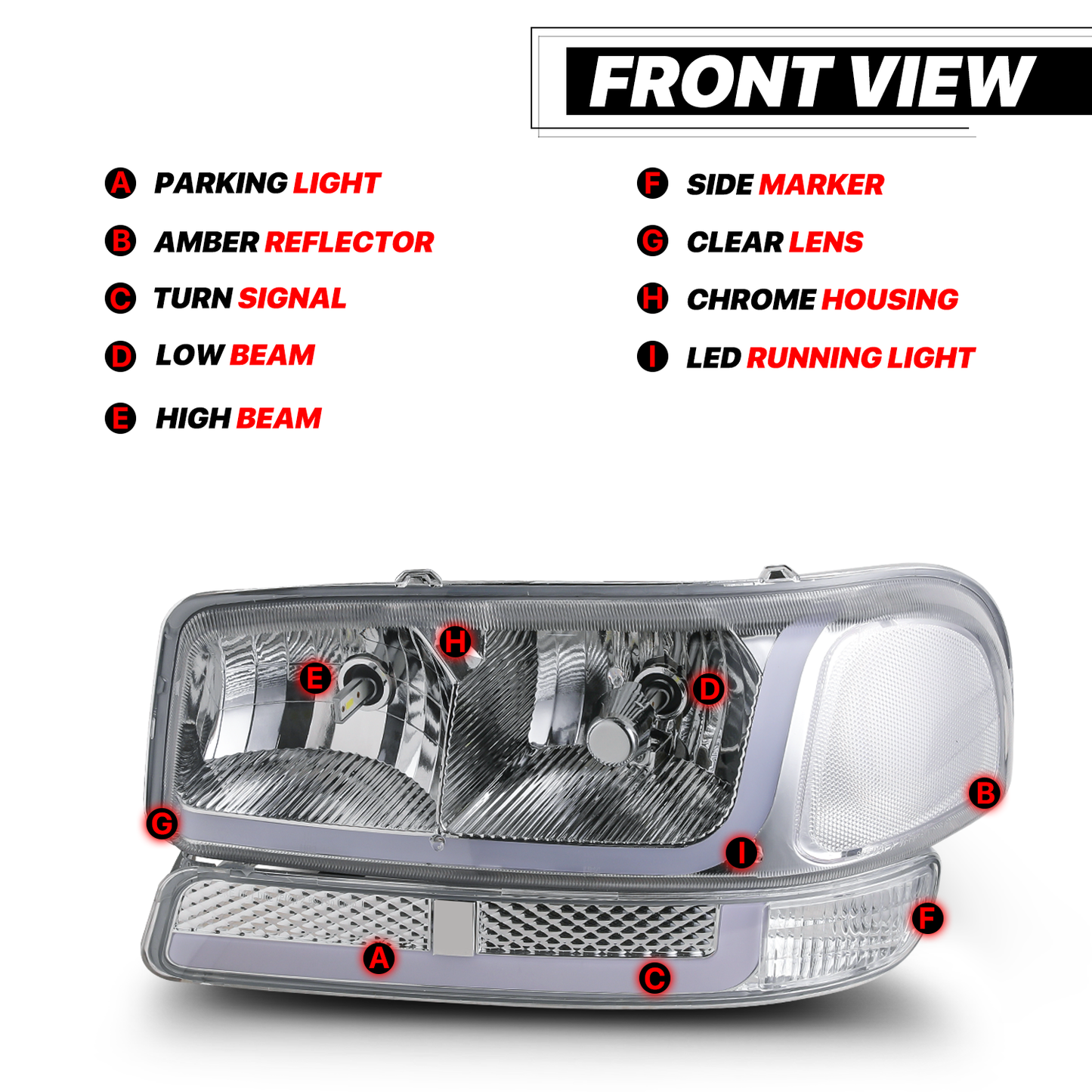 Switchback LED Strip Headlight w/LED Bulbs (Chrome)<br>99-07 GMC Sierra, Yukon XL