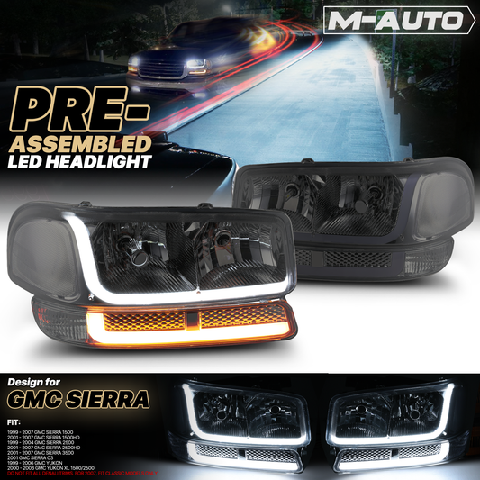 Switchback LED Strip Headlight w/LED Bulbs (Smoked)<br>99-07 GMC Sierra, Yukon XL