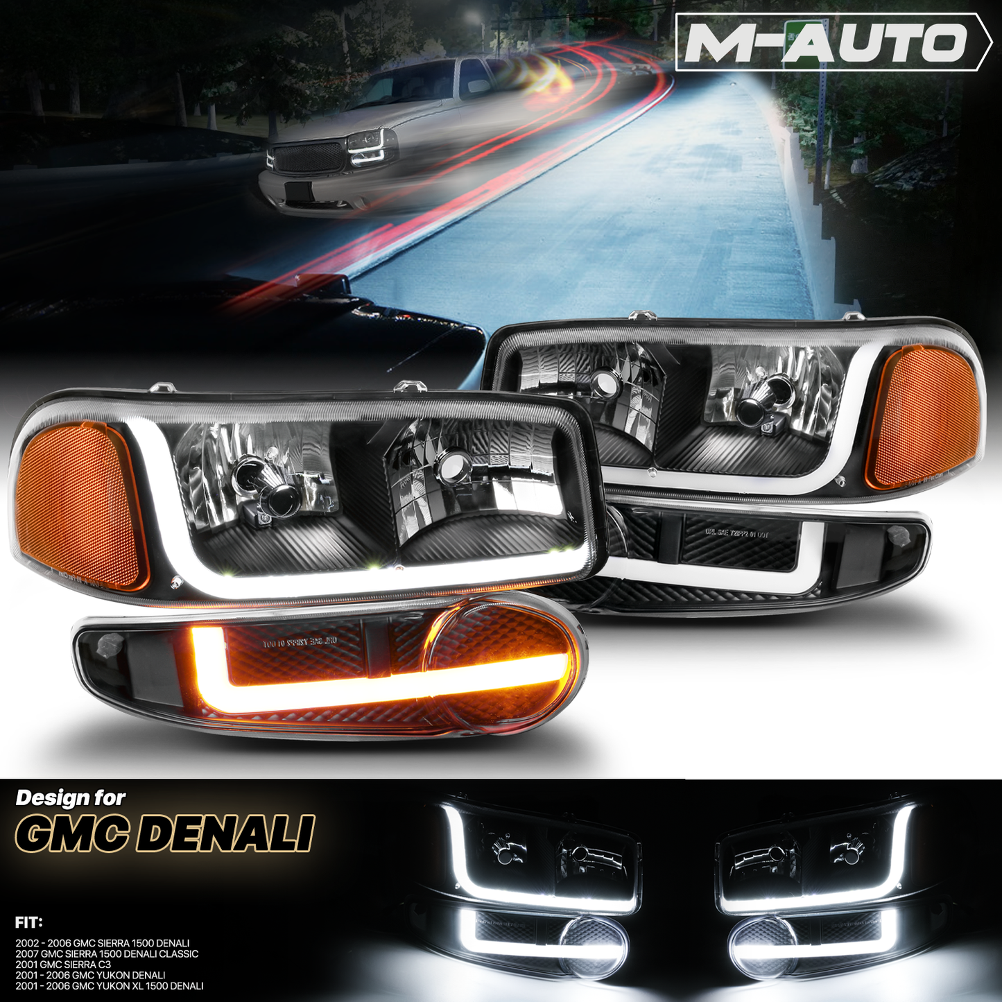 Switchback LED Strip Headlight (Black)<br>01-07 GMC Sierra, Yukon XL Denali