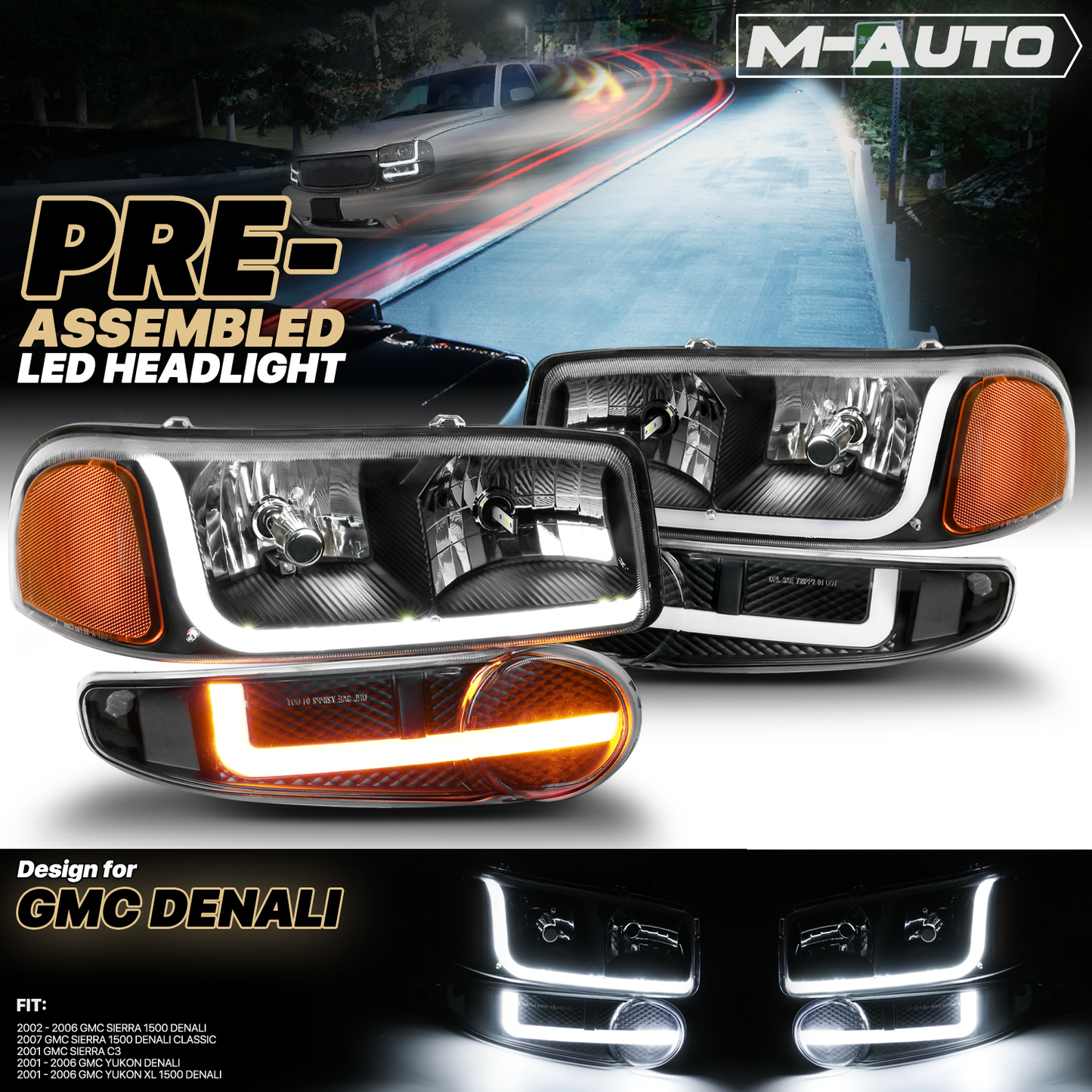 Switchback LED Strip Headlight w/LED Bulbs (Black)<br>01-07 GMC Sierra, Yukon XL Denali