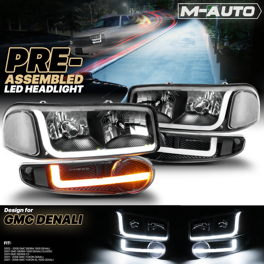 Switchback LED Strip Headlight w/LED Bulbs <br>01-07 GMC Sierra, Yukon XL Denali