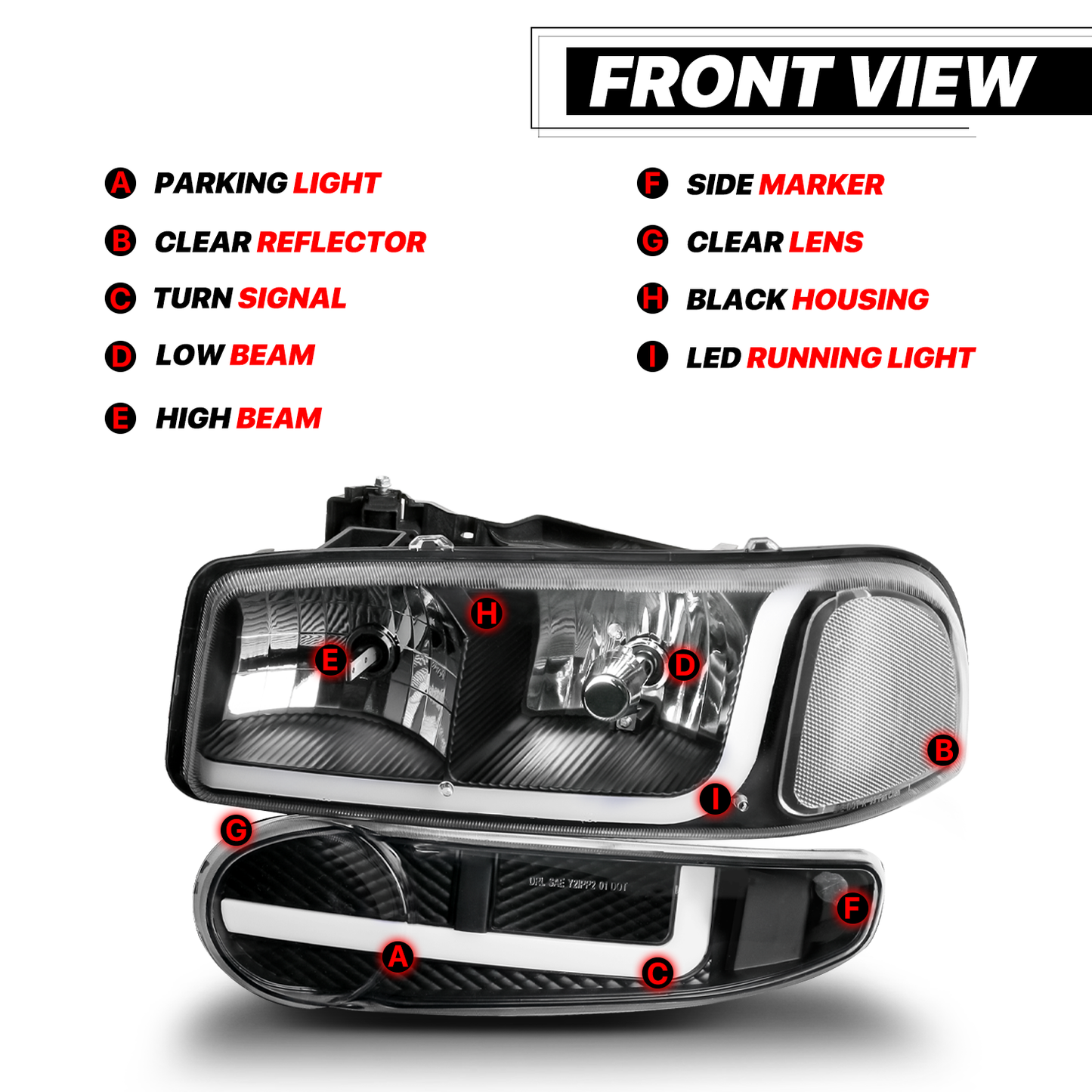 Switchback LED Strip Headlight w/LED Bulbs <br>01-07 GMC Sierra, Yukon XL Denali