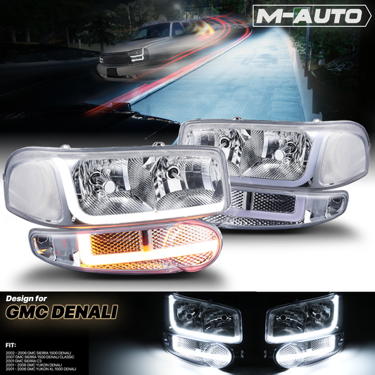 Switchback LED Strip Headlight w/LED Bulbs (Chrome)<br>01-07 GMC Sierra, Yukon XL Denali