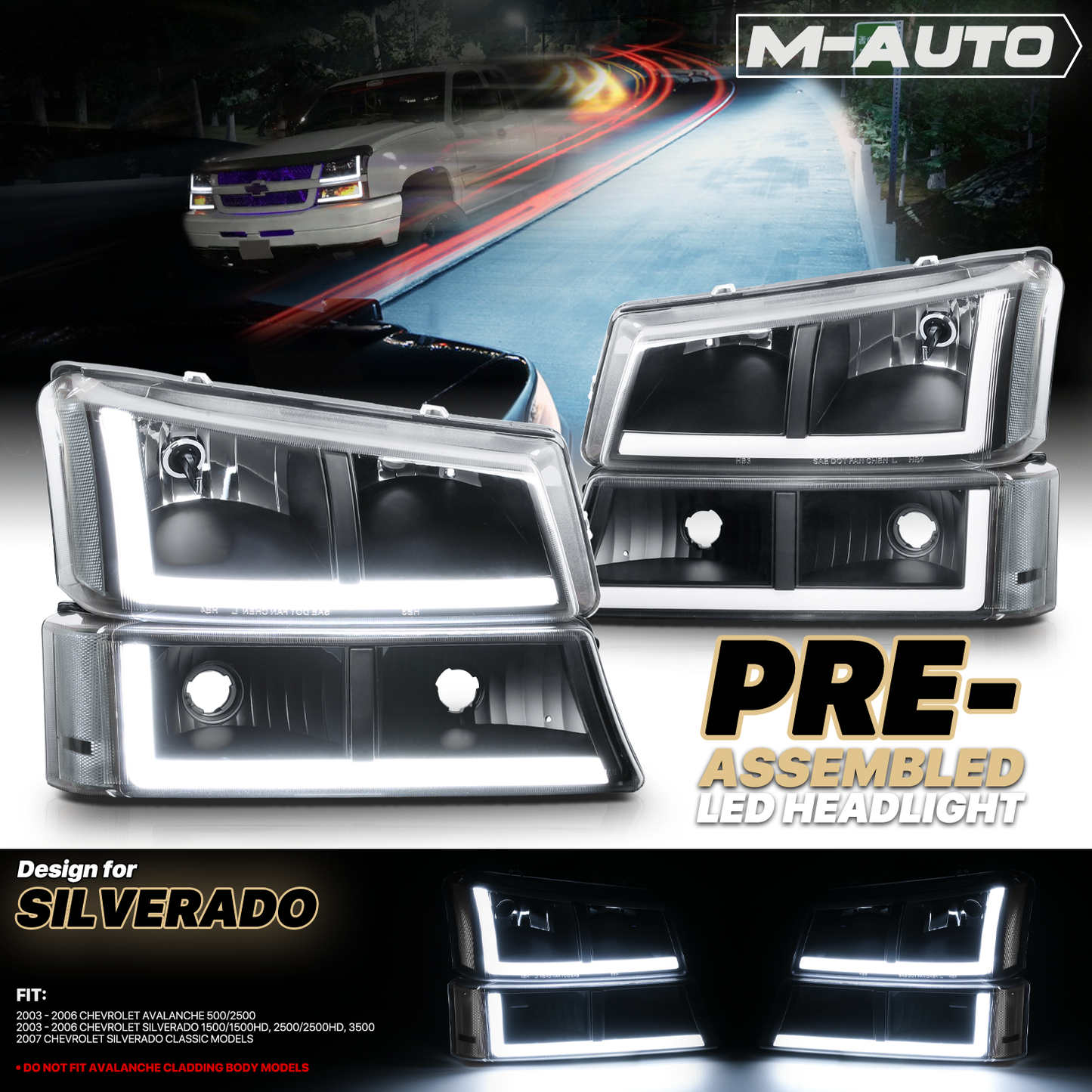 LED DRL Headlight+Bumper Light w/LED Bulbs <br>03-06 Chevy Silverado, Avalanche