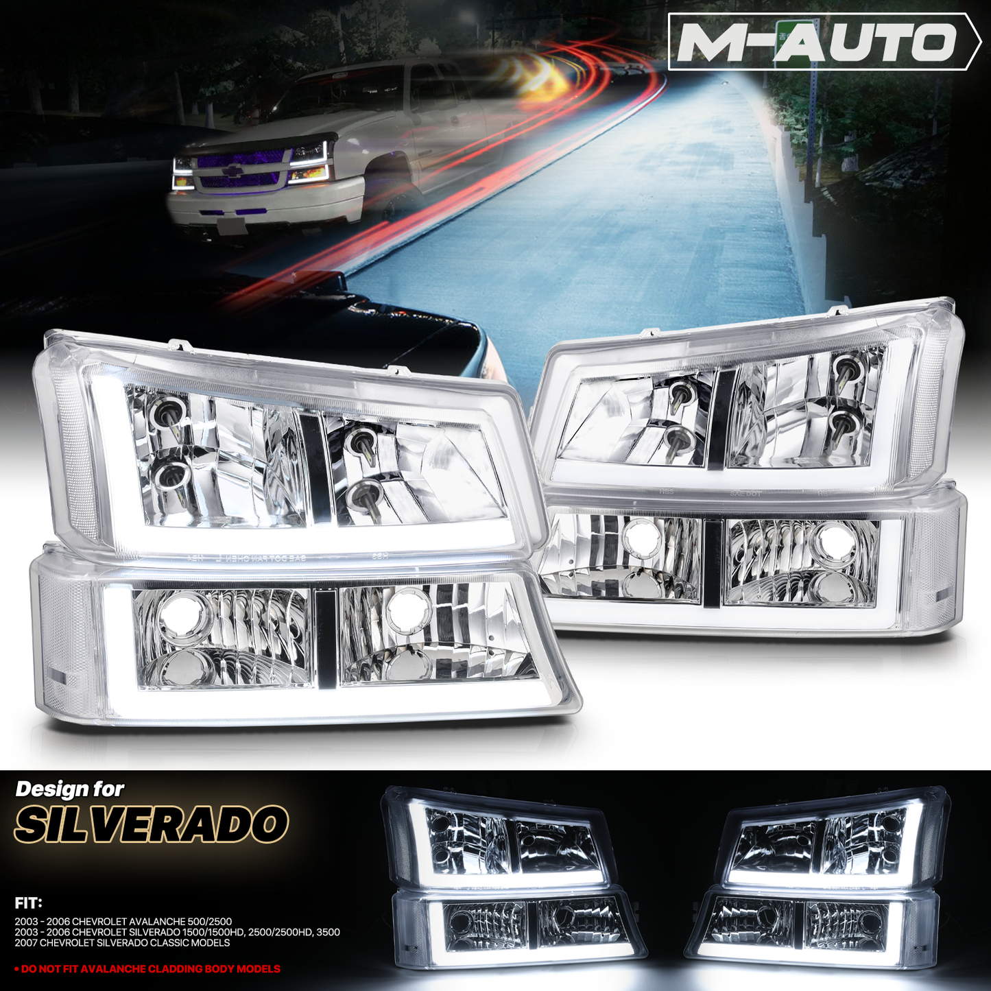 LED DRL Headlight+Bumper Light w/LED Bulbs (Chrome)<br>03-06 Chevy Silverado, Avalanche