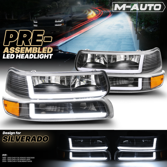 LED DRL Headlight+Bumper Light w/LED Bulbs (Black)<br>99-02 Chevy Silverado, 00-06 Suburban, Tahoe