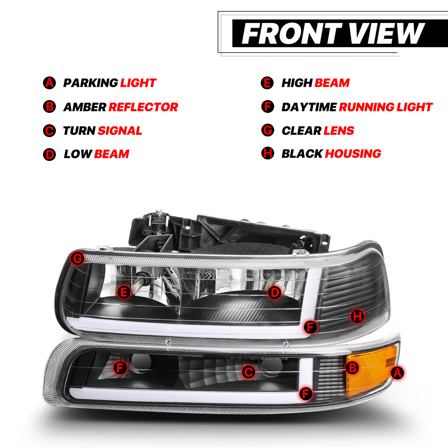 LED DRL Headlight+Bumper Light w/LED Bulbs (Black)<br>99-02 Chevy Silverado, 00-06 Suburban, Tahoe