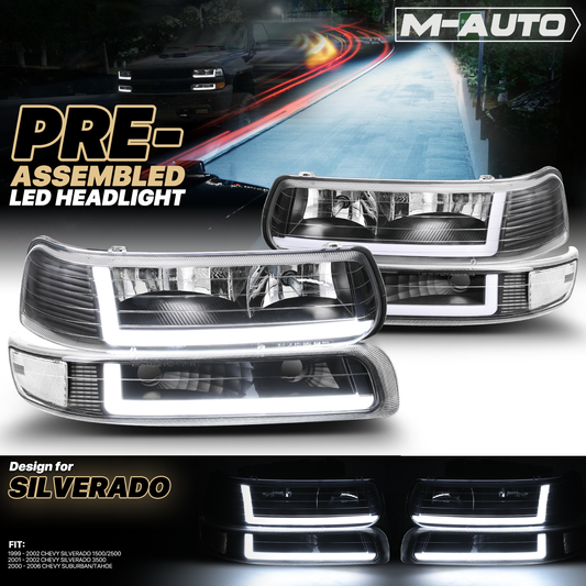 LED DRL Headlight+Bumper Light w/LED Bulbs <br>99-02 Chevy Silverado, 00-06 Suburban, Tahoe