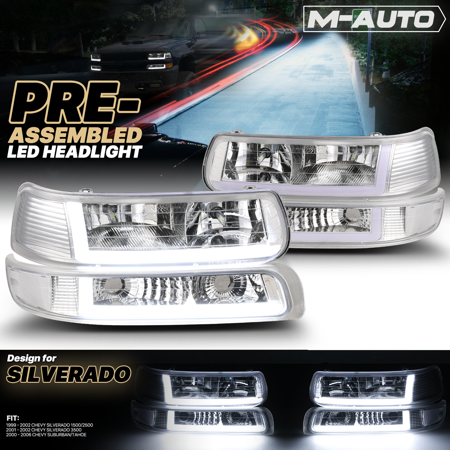 LED DRL Headlight+Bumper Light w/LED Bulbs (Chrome)<br>99-02 Chevy Silverado, 00-06 Suburban, Tahoe