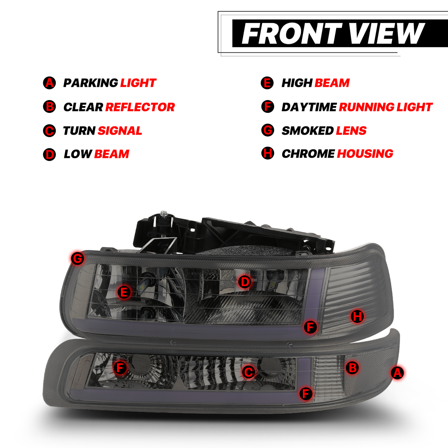 LED DRL Headlight+Bumper Light w/LED Bulbs (Smoked)<br>99-02 Chevy Silverado, 00-06 Suburban, Tahoe