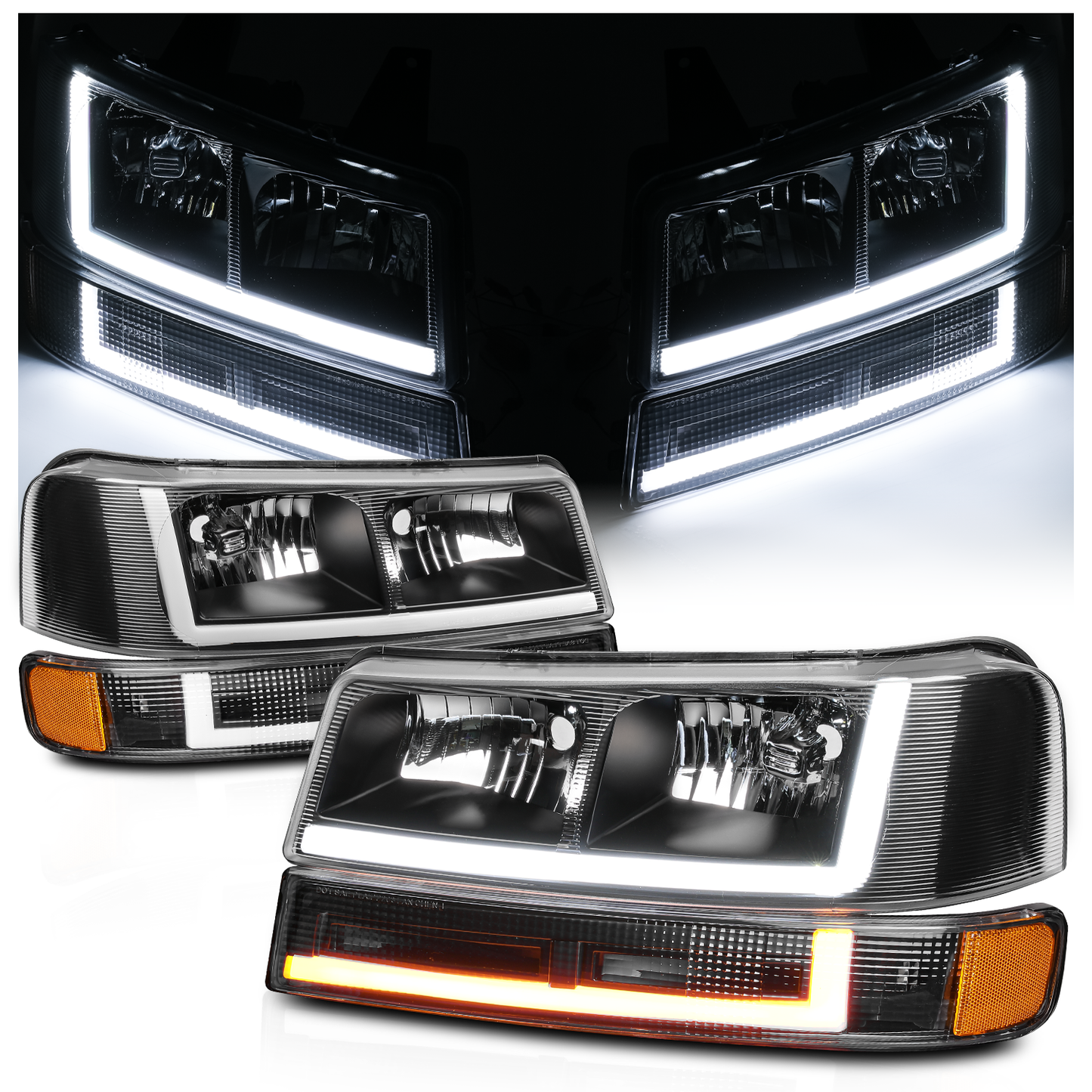 LED Light Bar DRL Headlights w/Bumper(Black) <br>03-14 Express, Savana 1500, 03-23 2500, 3500