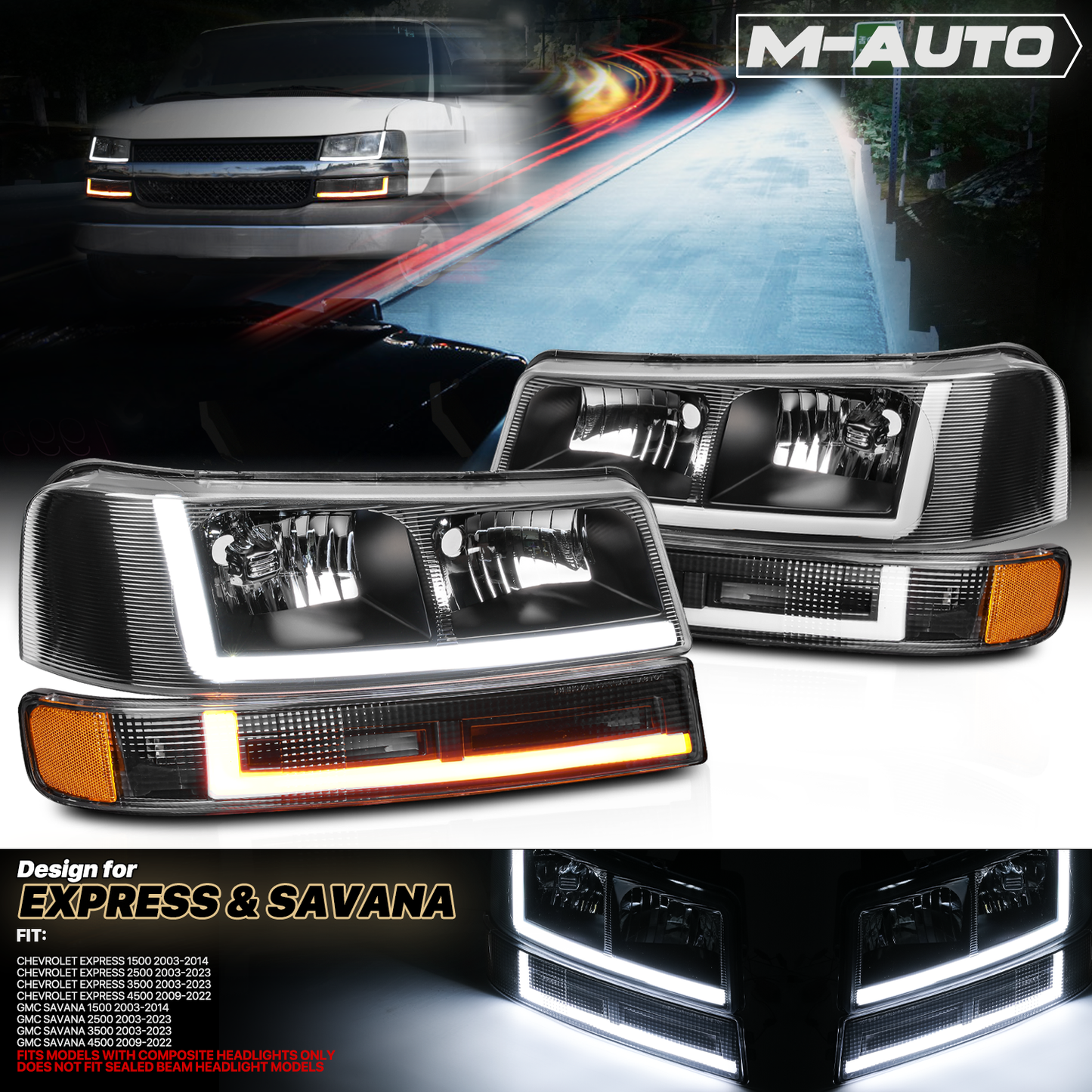 LED Light Bar DRL Headlights w/Bumper(Black) <br>03-14 Express, Savana 1500, 03-23 2500, 3500