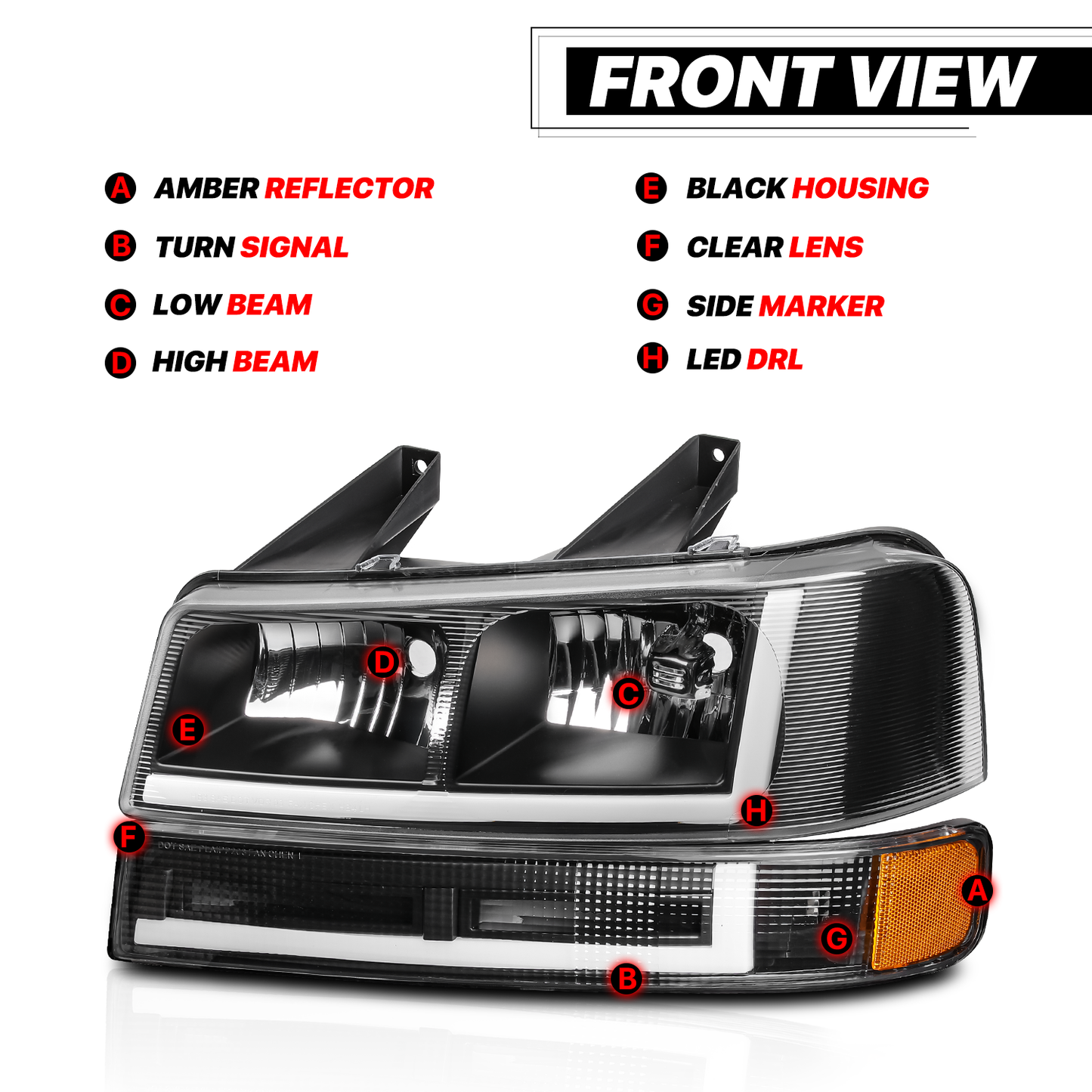 LED Light Bar DRL Headlights w/Bumper(Black) <br>03-14 Express, Savana 1500, 03-23 2500, 3500