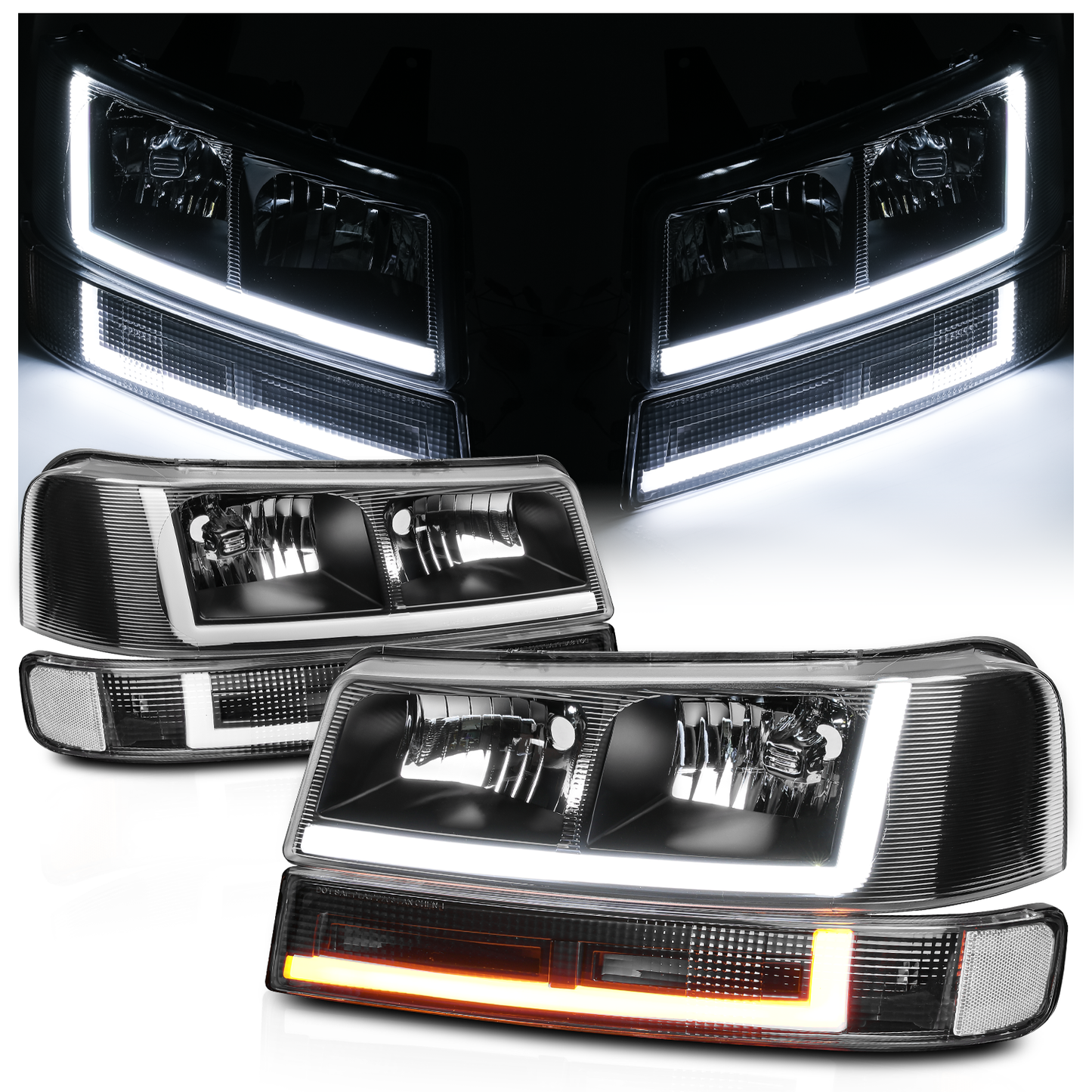 LED Light Bar DRL Headlights w/Bumper(Black) <br>03-14 Express, Savana 1500, 03-23 2500, 3500