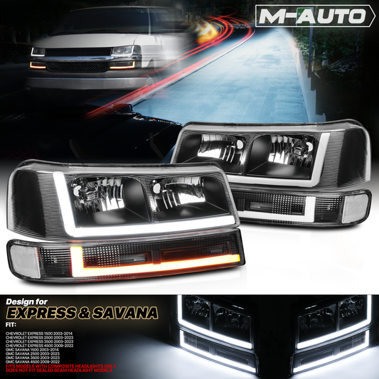 LED Light Bar DRL Headlights w/Bumper(Black) <br>03-14 Express, Savana 1500, 03-23 2500, 3500