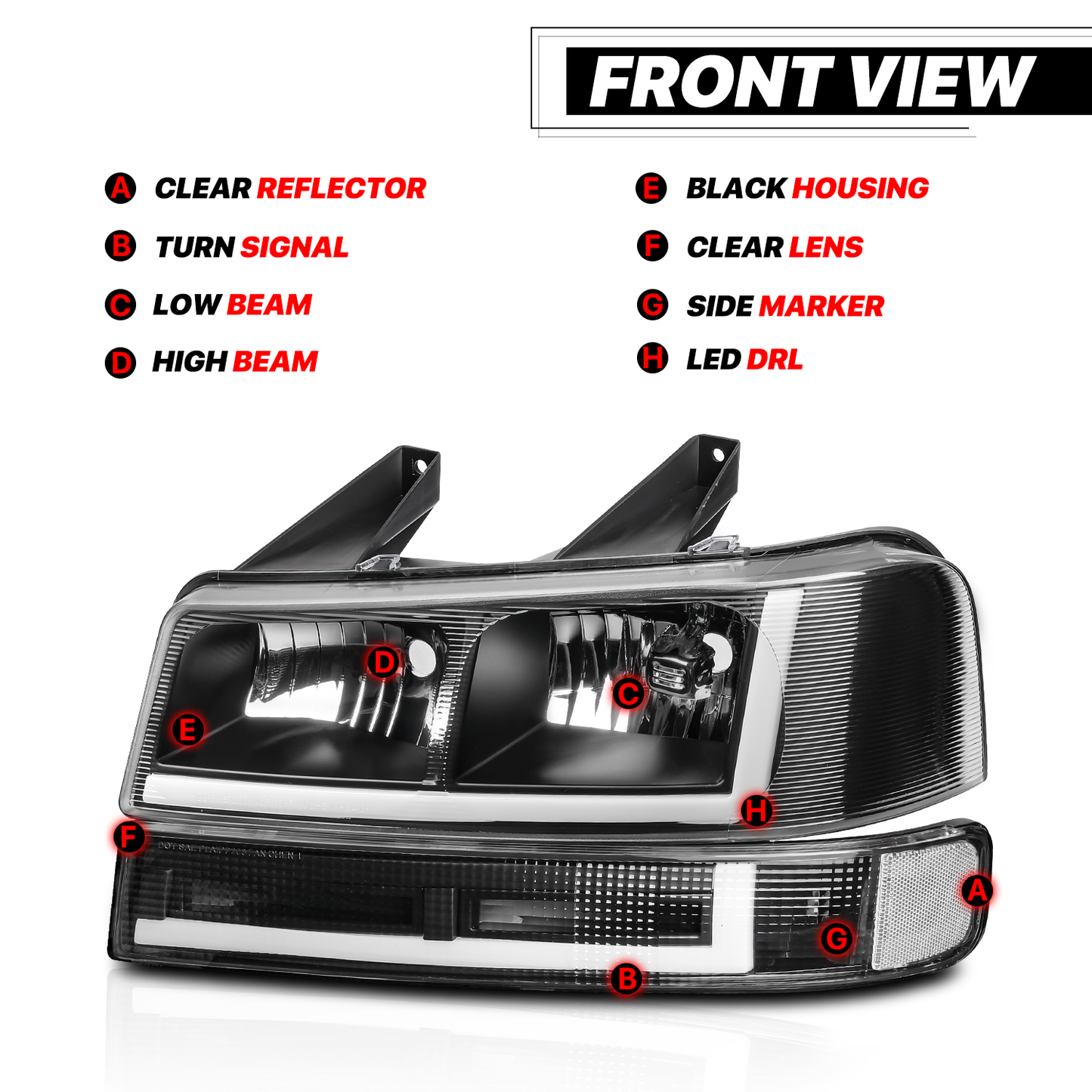 LED Light Bar DRL Headlights w/Bumper(Black) <br>03-14 Express, Savana 1500, 03-23 2500, 3500