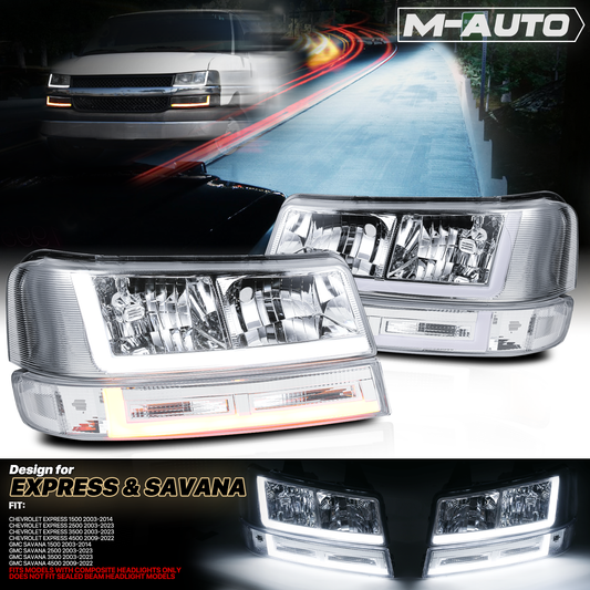 LED Light Bar DRL Headlights w/Bumper(Chrome) <br>03-14 Express, Savana 1500, 03-23 2500, 3500