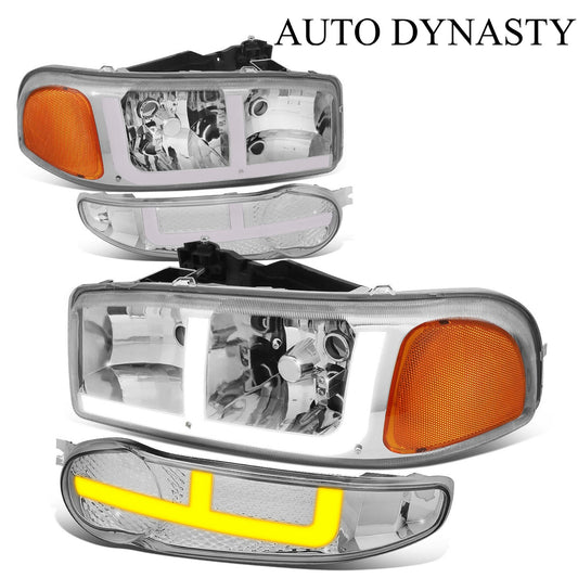 4PCS Switchback LED DRL Headlights+Bumper Lamps <br>01-07 GMC Sierra C3, Yukon/XL 1500/Denali