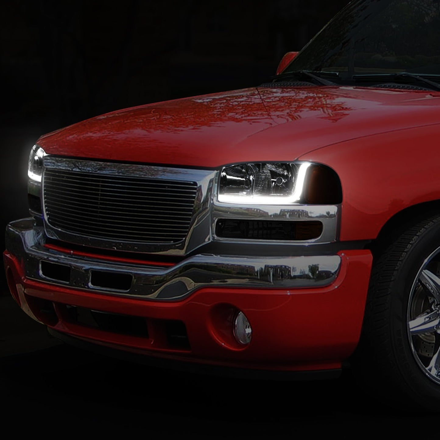 Dual Halo LED DRL Projector Headlight+Bumper Lamp <br>99-07 GMC Sierra 1500-3500, Yukon