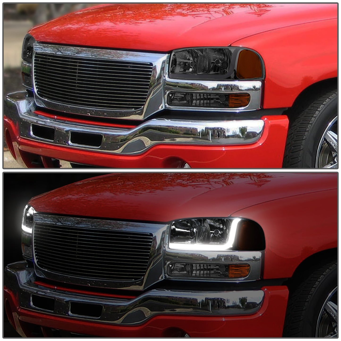 Dual Halo LED DRL Projector Headlight+Bumper Lamp <br>99-07 GMC Sierra 1500-3500, Yukon