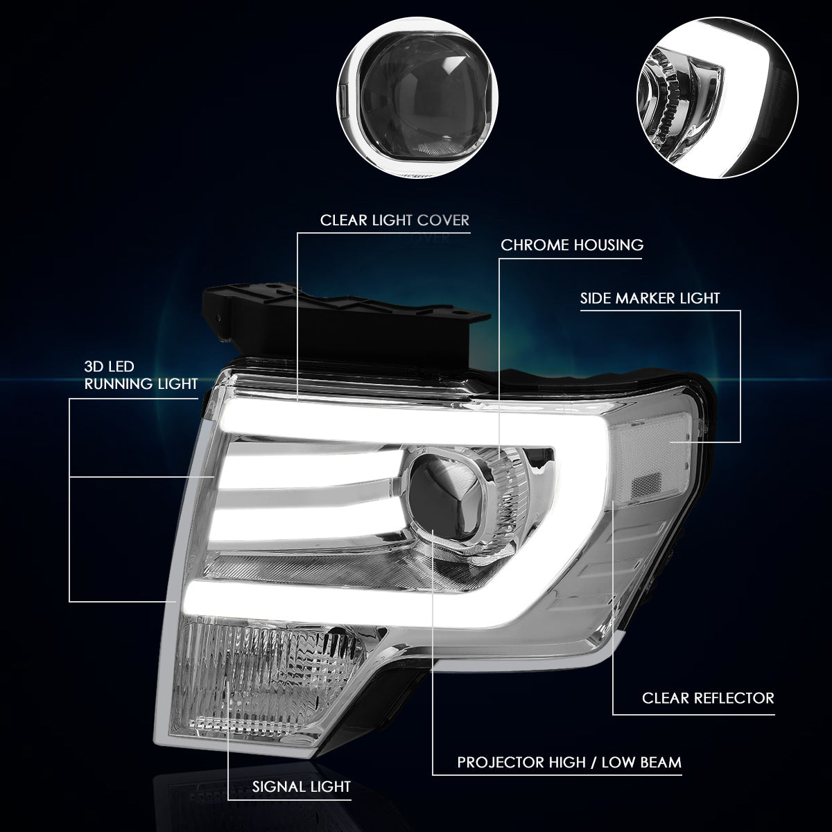 Chrome Housing LED DRL Projector Headlights <br> 09-14 Ford F-150