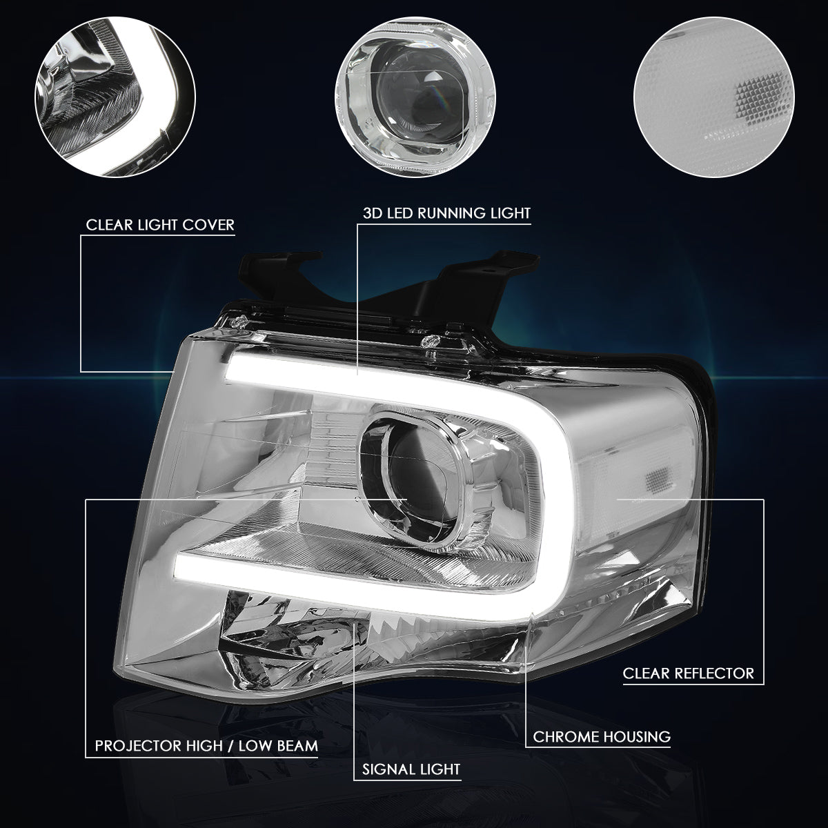 Chrome Housing LED DRL Projector Headlights <br> 07-14 Ford Expedition