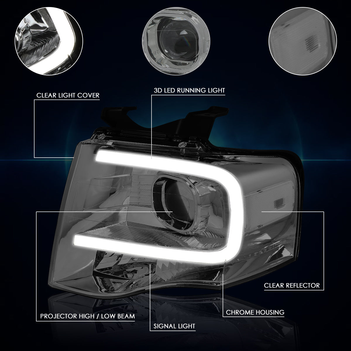 Chrome Housing LED DRL Projector Headlights <br> 07-14 Ford Expedition