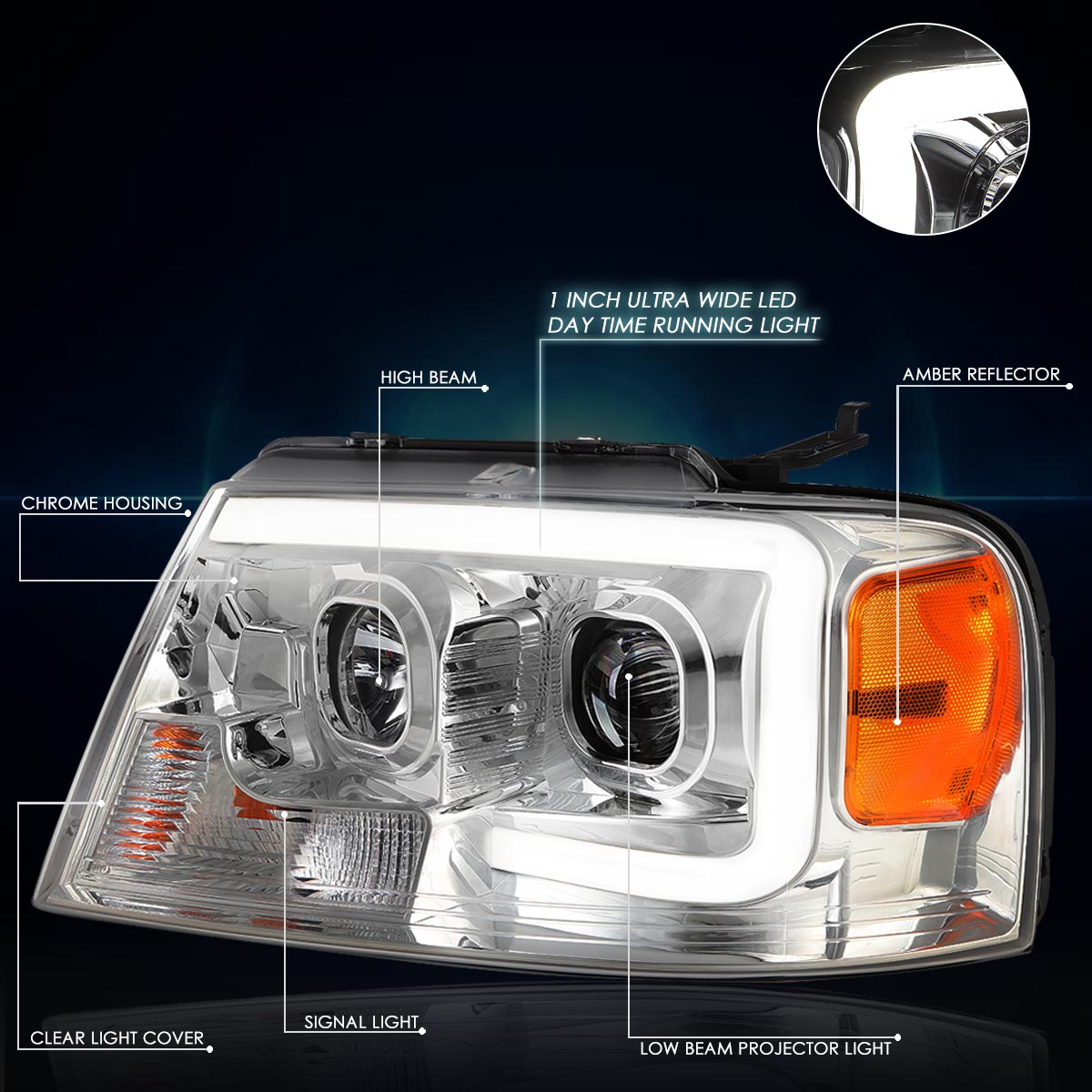 Chrome Housing LED DRL Projector Headlights <br> 04-08 Ford F-150