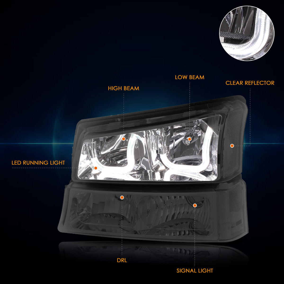 Chrome Housing LED DRL Halo Headlights <br> 03-06 Chevy Silverado Avalanche 1500 2500 3500