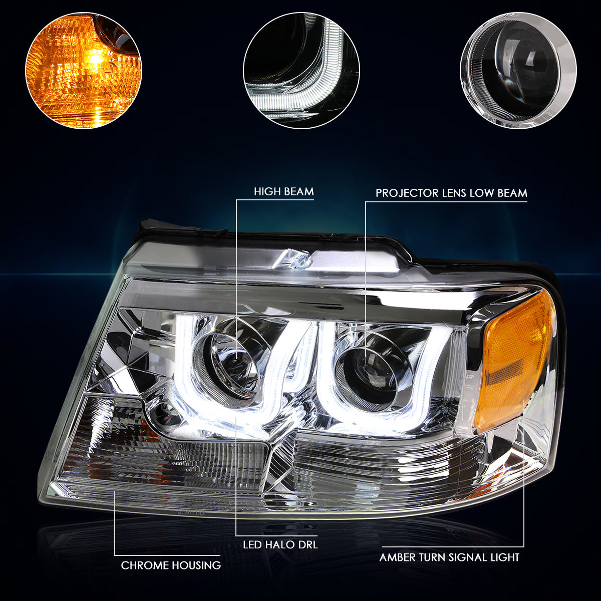 Chrome Housing LED DRL Projector Headlights <br> 04-08 Ford F-150