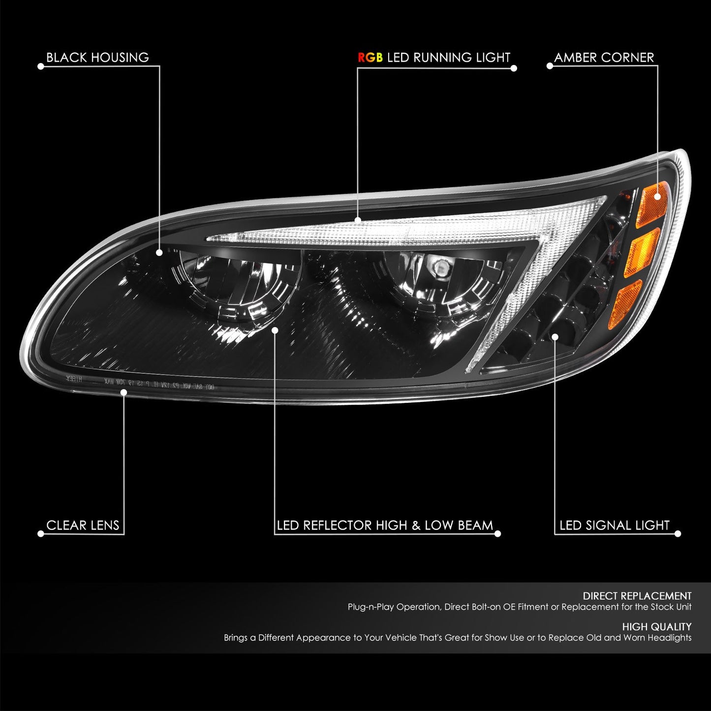 RGB LED DRL Turn Signal Headlights <br>08-19 Peterbilt 325, 05-20 330, 05-10 335