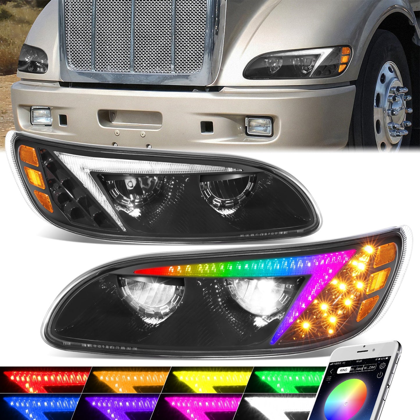 RGB LED DRL Turn Signal Headlights <br>08-19 Peterbilt 325, 05-20 330, 05-10 335