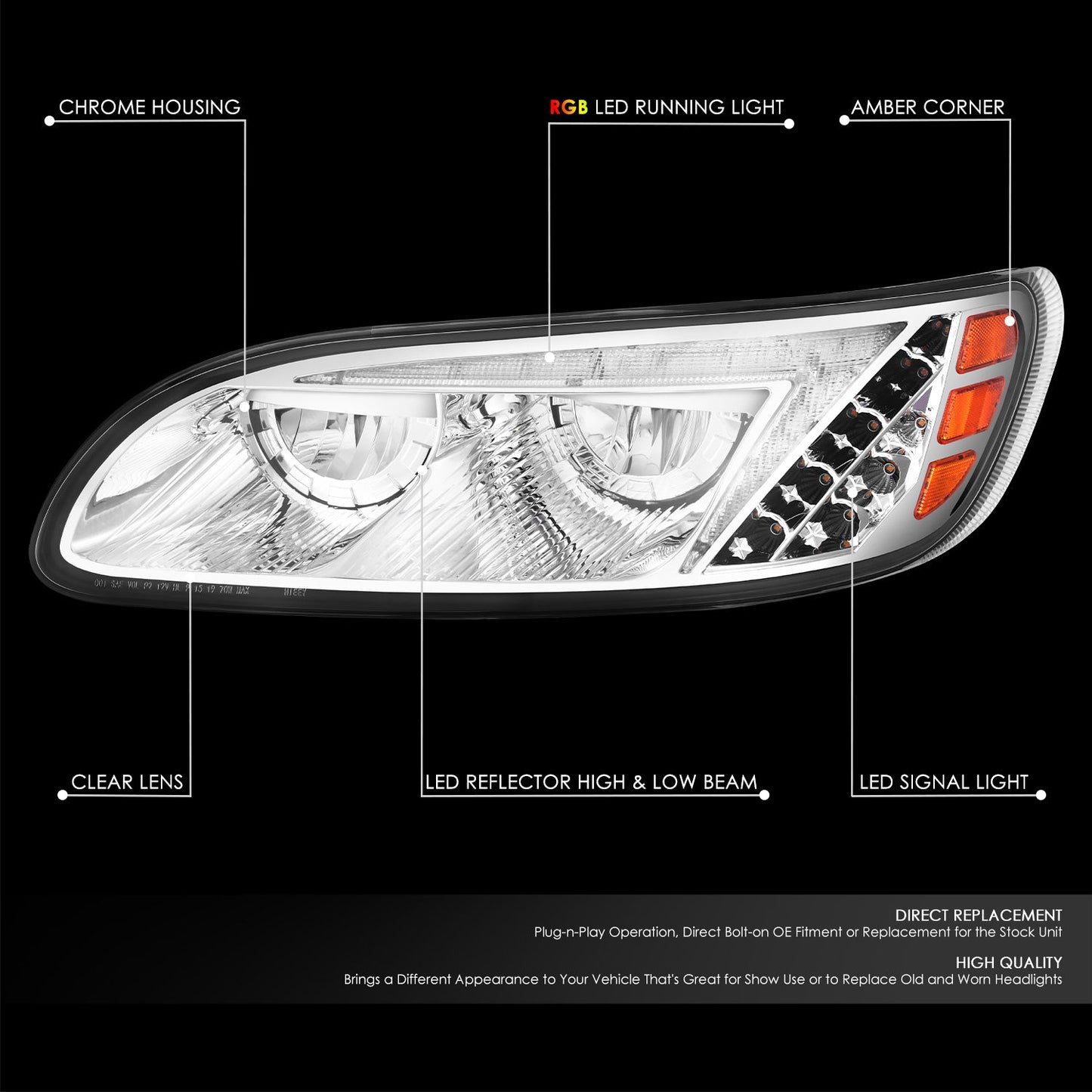 RGB LED DRL Turn Signal Headlights <br>08-19 Peterbilt 325, 05-20 330, 05-10 335