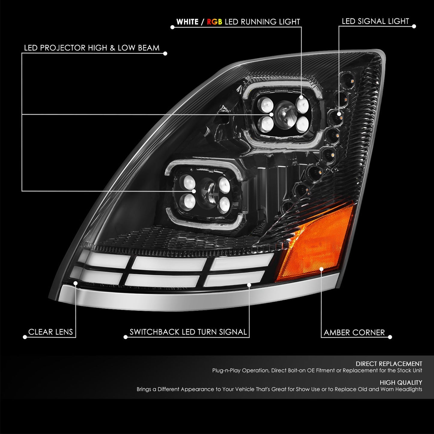 RGB LED DRL Switchback Projector Headlights <br>04-18 Volvo VN VNL 300 400 430 630 740 760 860