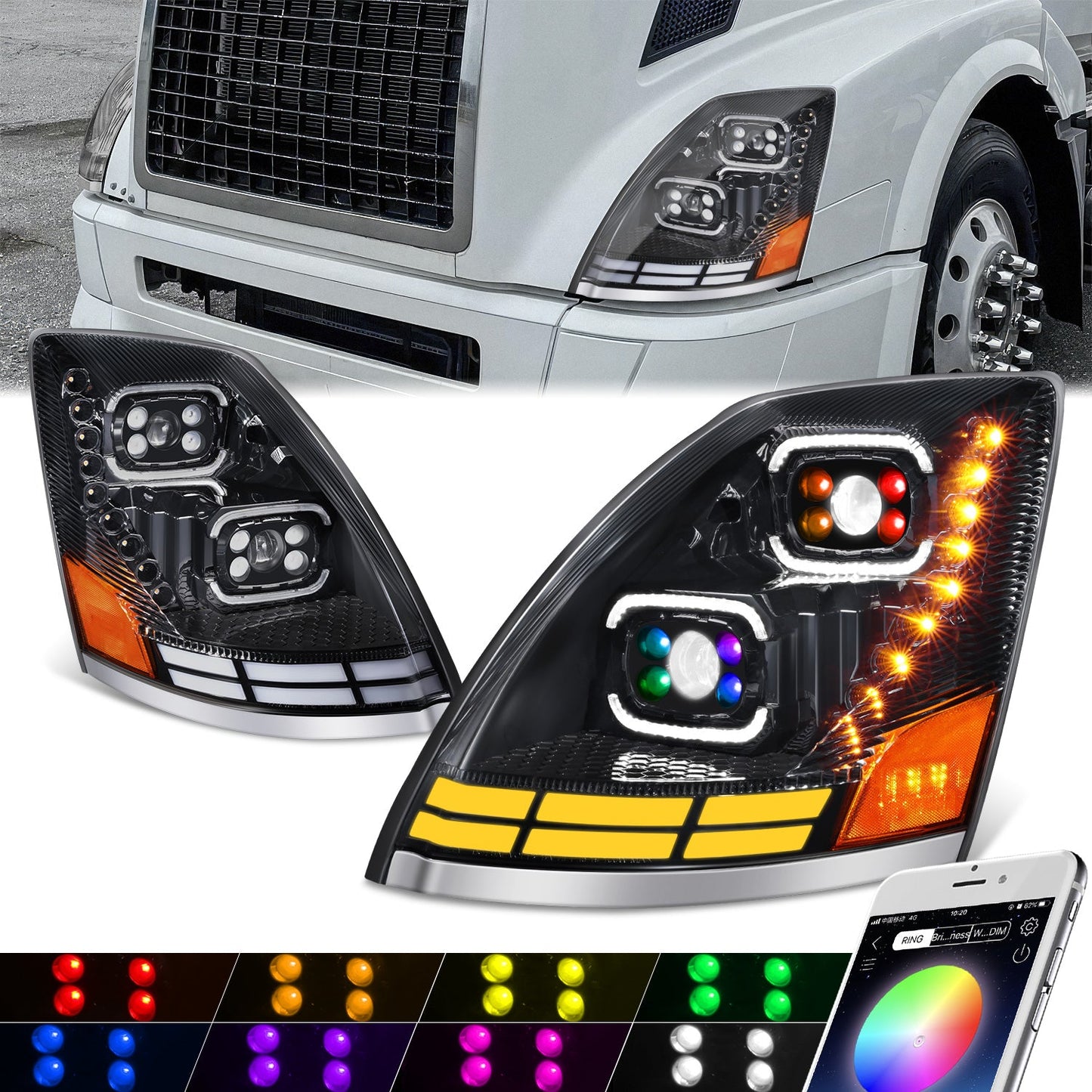 RGB LED DRL Switchback Projector Headlights <br>04-18 Volvo VN VNL 300 400 430 630 740 760 860