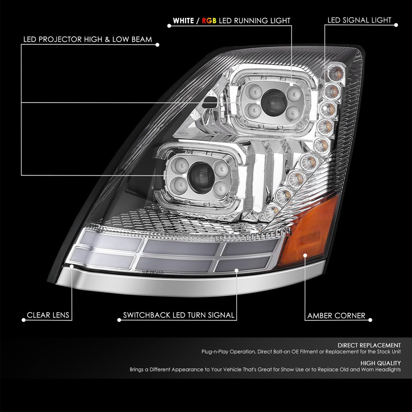 RGB LED DRL Switchback Projector Headlights <br>04-18 Volvo VN VNL 300 400 430 630 740 760 860