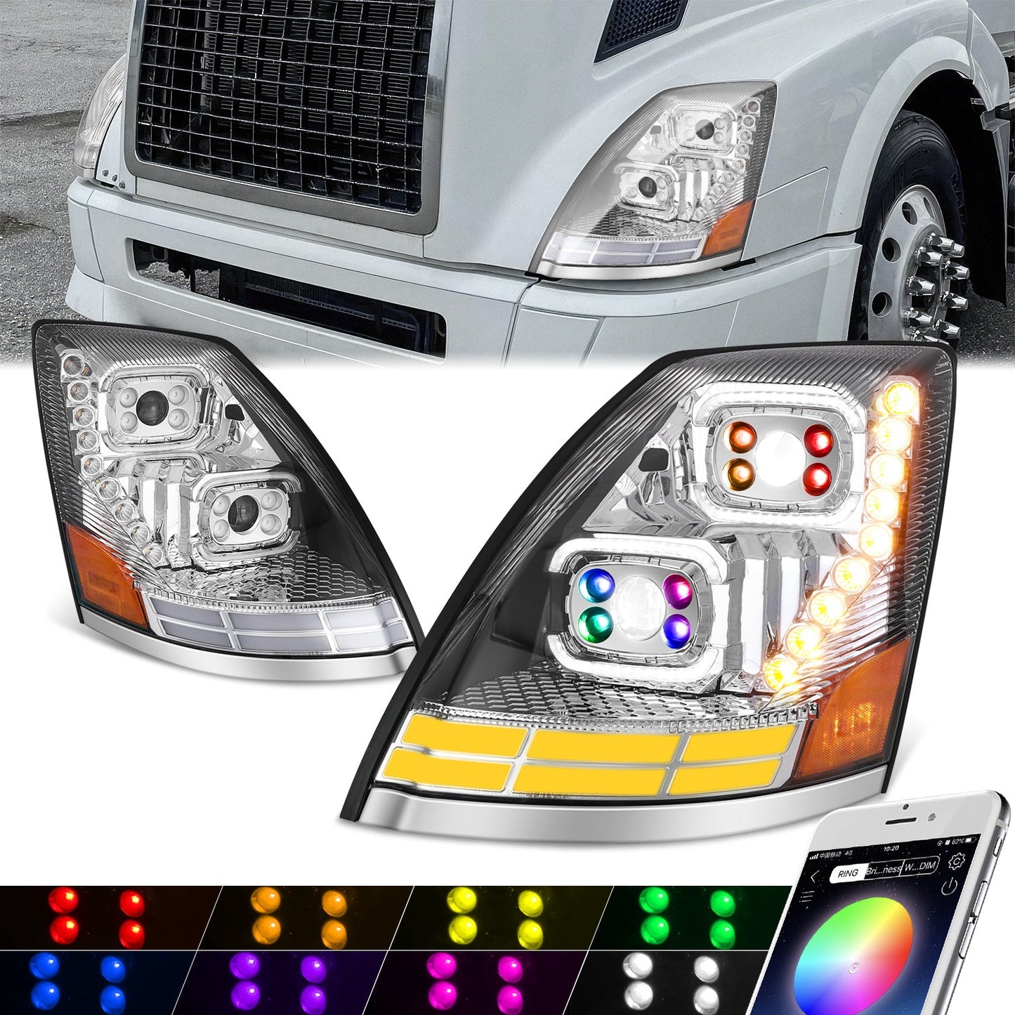 RGB LED DRL Switchback Projector Headlights <br>04-18 Volvo VN VNL 300 400 430 630 740 760 860