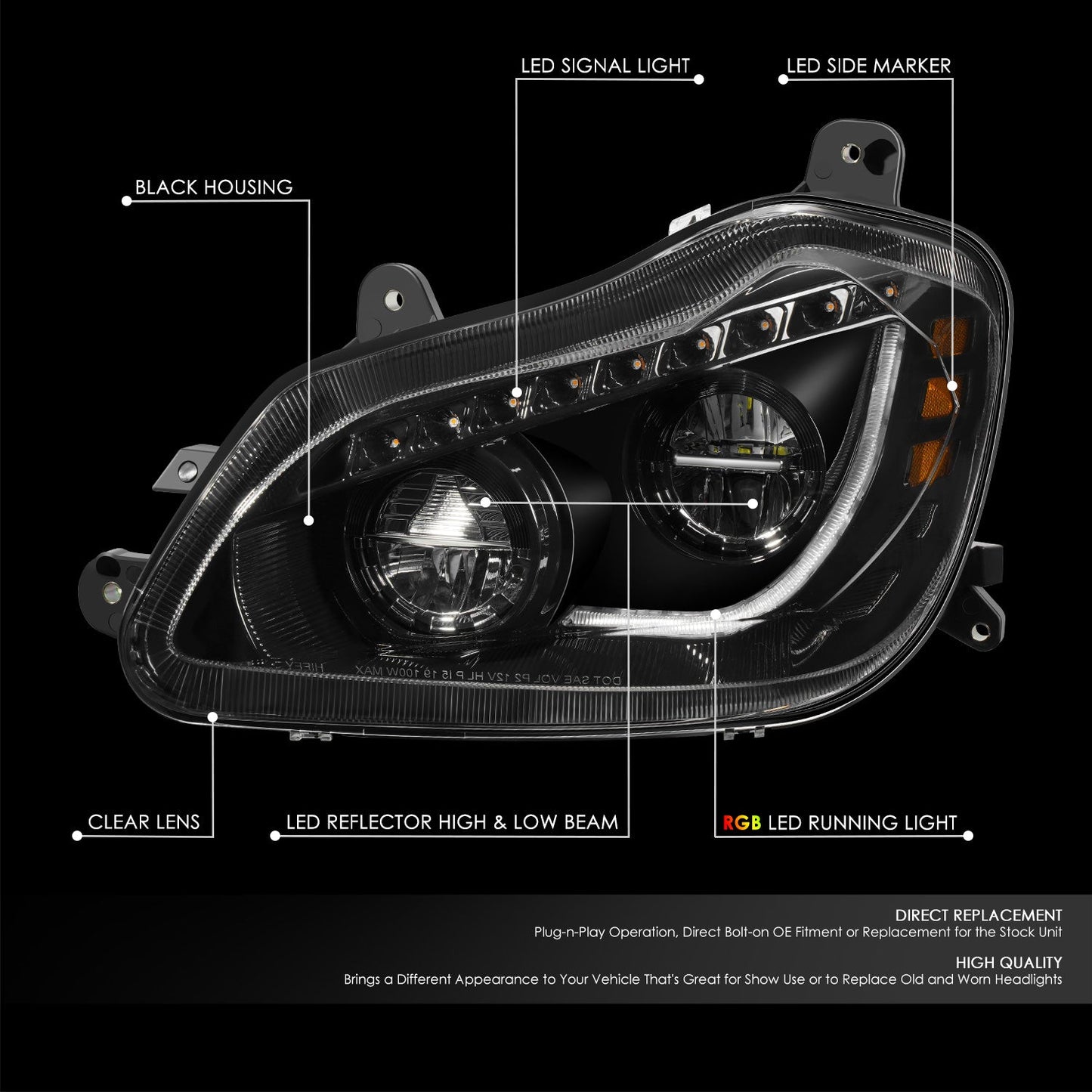 RGB LED DRL Sequential Turn Signal Headlights <br>13-21 Kenworth T680