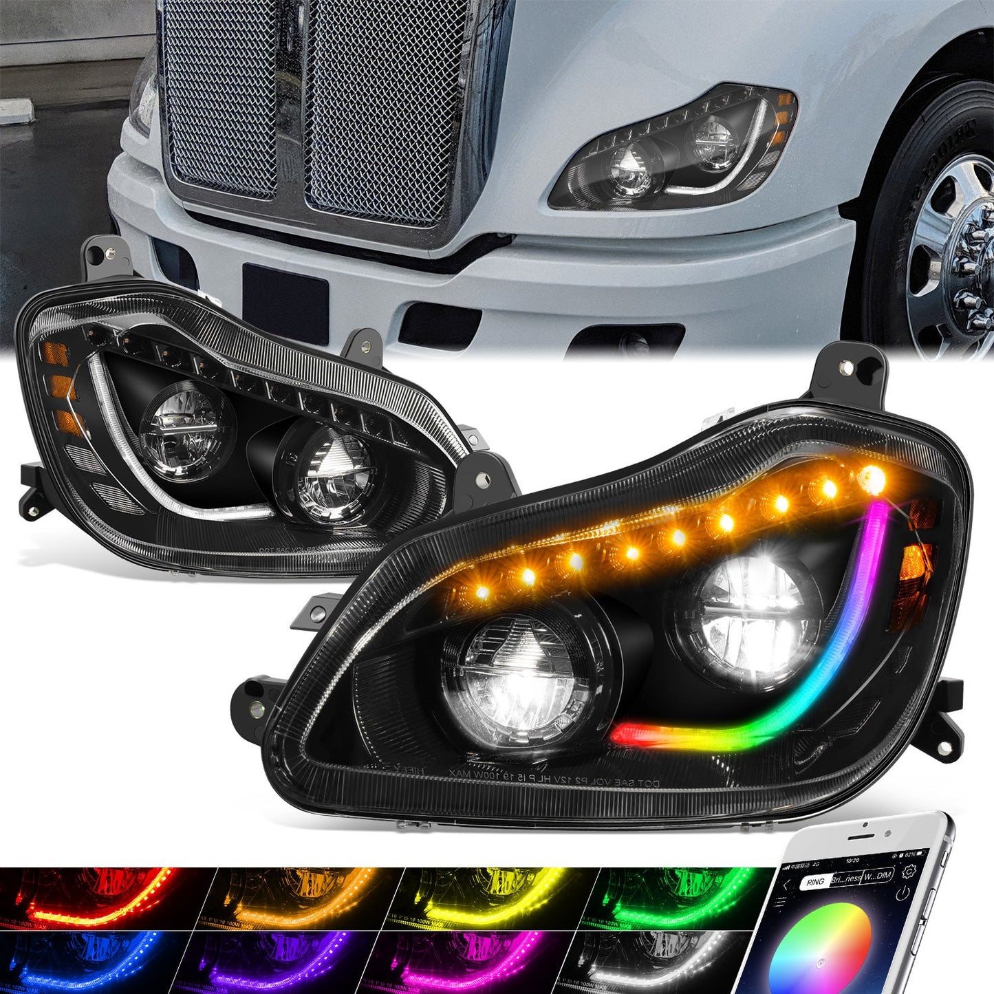 RGB LED DRL Sequential Turn Signal Headlights <br>13-21 Kenworth T680