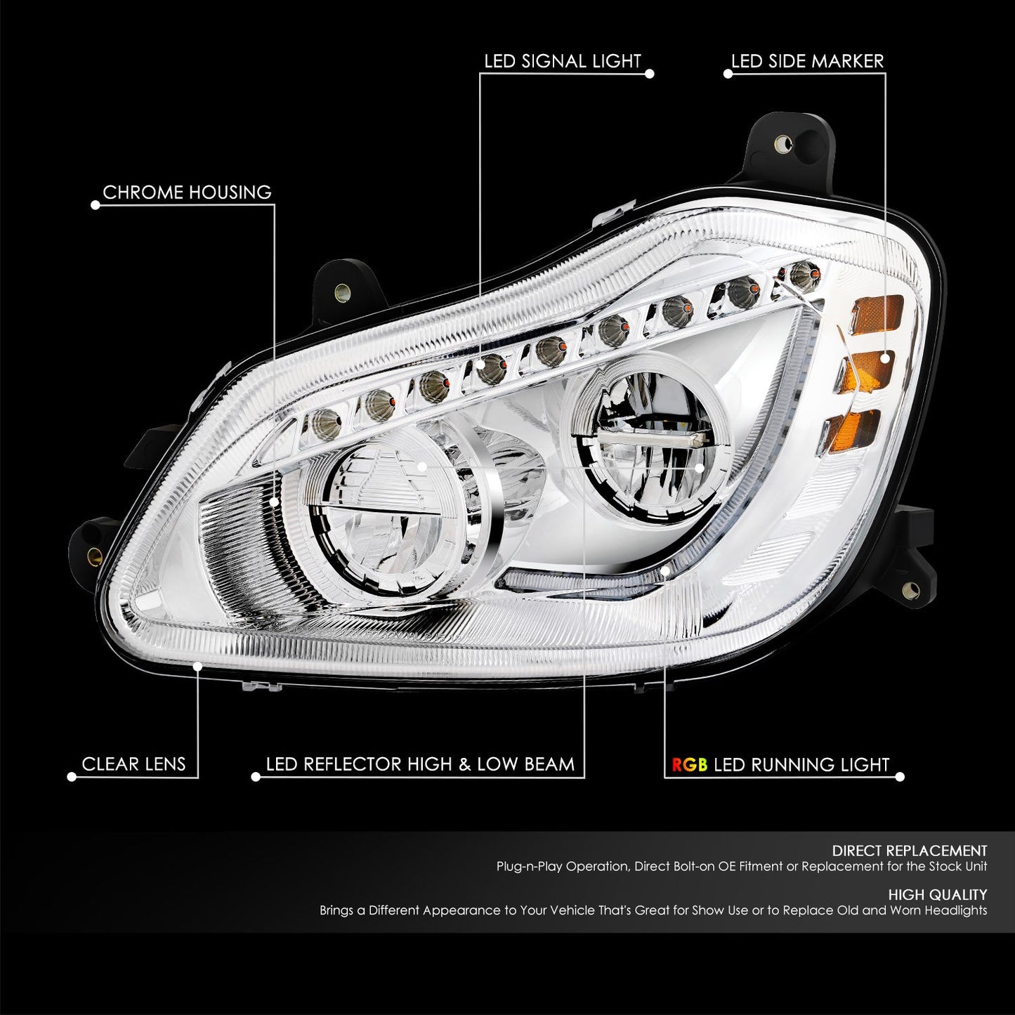 RGB LED DRL Sequential Turn Signal Headlights <br>13-21 Kenworth T680