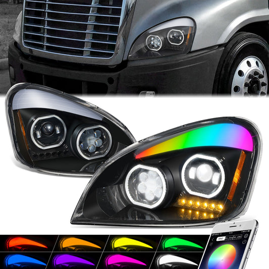 RGB LED DRL Halo Ring Projector Headlights <br>08-17 Freightliner Cascadia